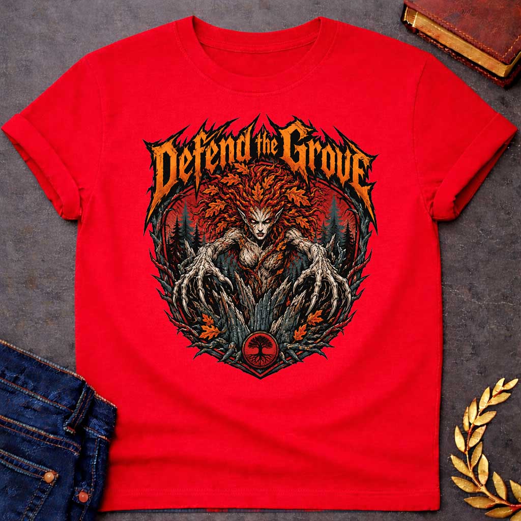 Red T-shirt with a heavy metal style t-shirt graphic featuring an aggressive, monstrous dryad in a dark forest. She has fiery red and orange autumn leaf hair and sharp, root-like claws extending forward. Above the central circular graphic, the phrase "Defend the Grove" is written in a jagged, spiky orange death metal font. A small circular tree icon rests at the bottom center of the intense design