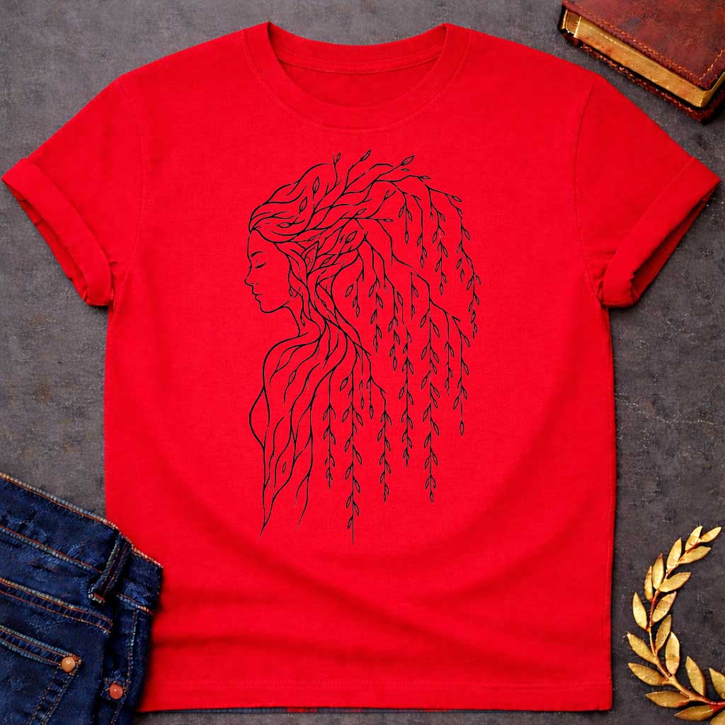 Red T-shirt with a Minimalist line art portrait of a dryad, a tree nymph from Greek mythology. A woman's profile in delicate black lines has hair composed entirely of weeping willow branches and drooping leaves cascading down her back. Individual leaves are intricately detailed, flowing gracefully like water. Simple contour drawing style emphasizes the spiritual connection between human and nature. Celebrates the mythological guardians of forests and their ethereal beauty
