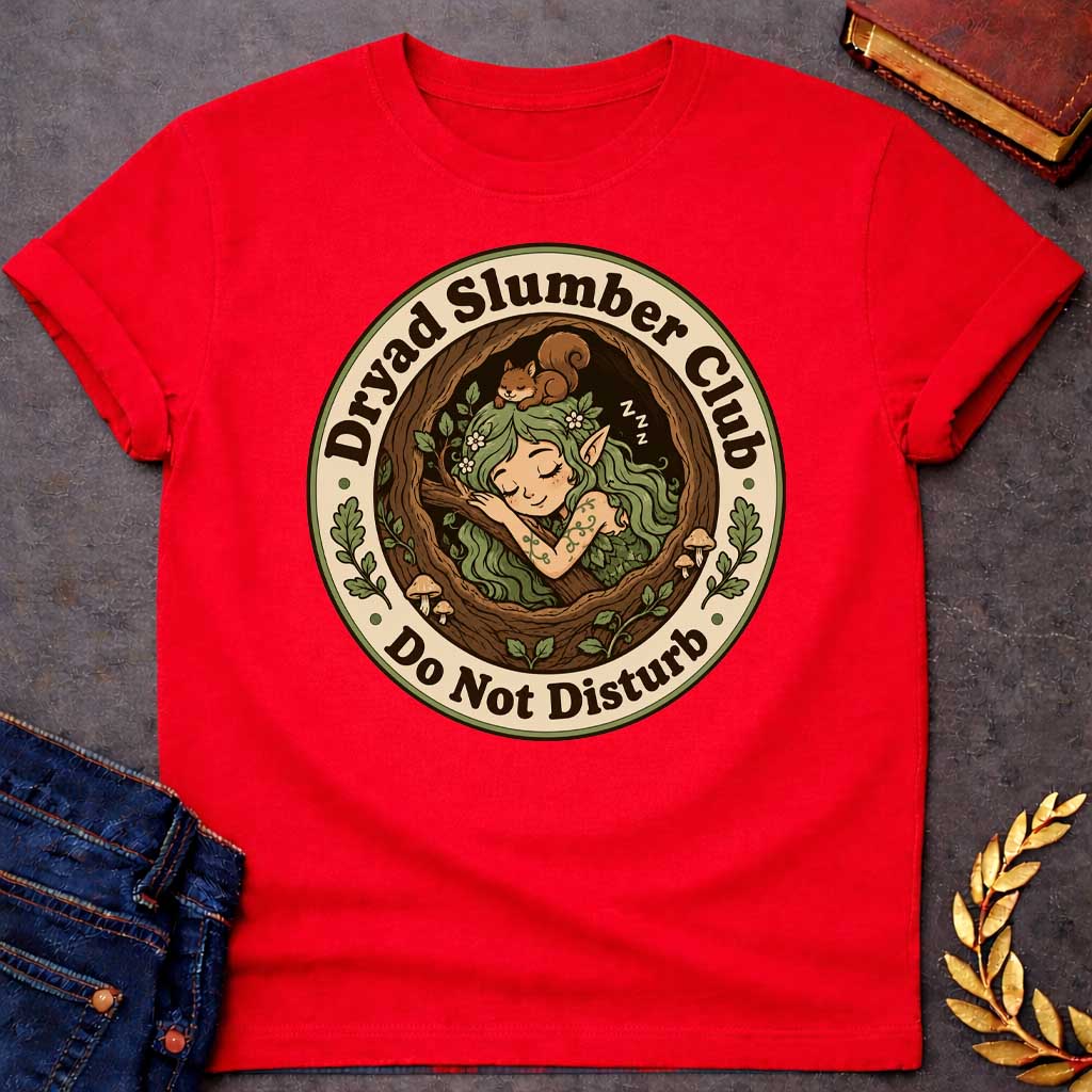 Red T-shirt with a cute, cartoon-style t-shirt graphic enclosed in a circular badge. Inside a cozy tree hollow, a little green-haired dryad or forest elf sleeps peacefully next to small mushrooms, while a tiny brown squirrel naps on her head. A cream-colored outer ring features dark brown text that reads "Dryad Slumber Club" along the top and "Do Not Disturb" along the bottom, accented by small green oak leaves
