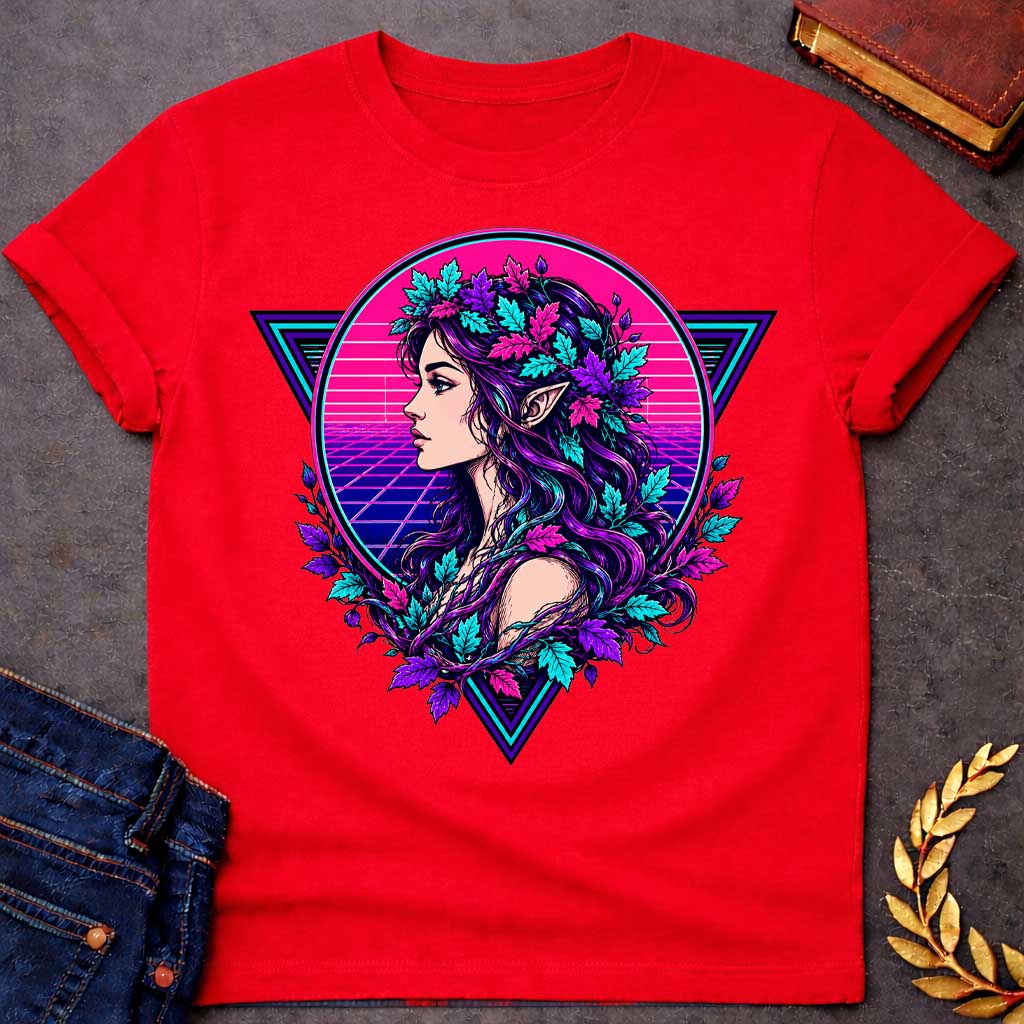 Red T-shirt with a vibrant 1980s synthwave-style graphic. A stylized dryad silhouette emerges from a geometric wireframe tree, set against a glowing neon pink and cyan sun. The background features a classic retrowave perspective grid and retro palm tree outlines. The vivid color palette combines neon pinks, purples, and electric blues for a retro-futuristic, nostalgic, and high-contrast summer aesthetic.