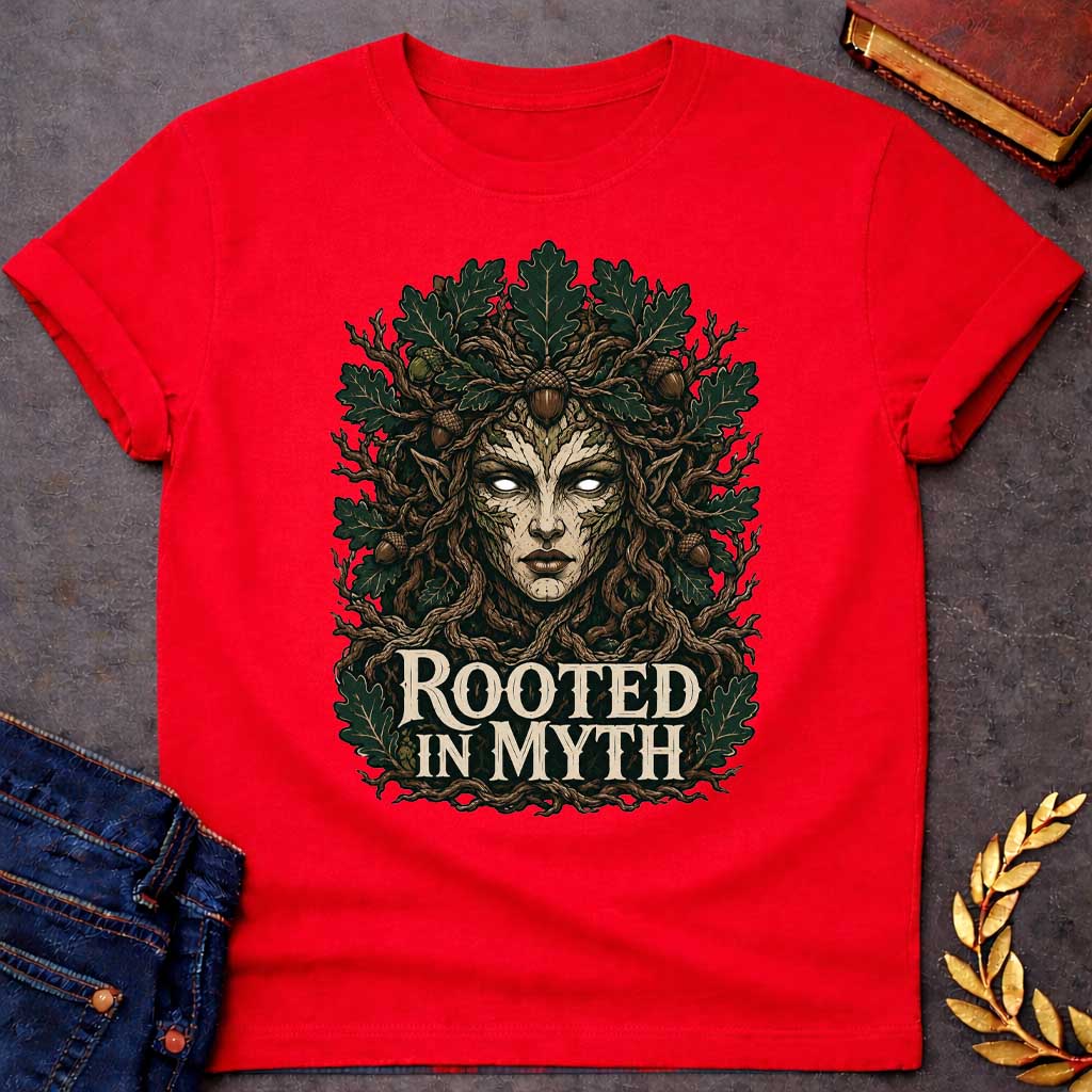 Red T-shirt with a detailed cottagecore-style graphic featuring a powerful oak tree dryad or nature spirit. Her intense face, with glowing white eyes, is framed by gnarled, twisting branches and a thick canopy of dark green oak leaves and brown acorns. Interwoven with the roots at the bottom, the bold, stylized cream text reads "ROOTED IN MYTH," creating a striking, mythical, and nature-inspired apparel design