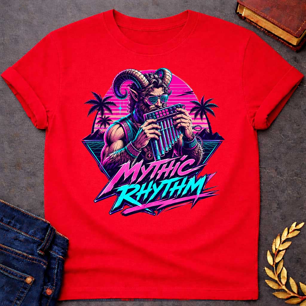 Red T-shirt with a Vaporwave-style illustration of a satyr in neon magenta and cyan, holding a pan flute and modern music production keyboard. The bearded figure wears sunglasses with gradient frames and ornamental bracelets with Greek key patterns. Framed by tropical palm trees and geometric mountains with scan line effects. Text reads 'MYTHIC RHYTHM' in bold magenta and cyan lettering with zigzag effects. Blends classical Greek mythology with modern electronic music culture and retro digital aesthetics.
