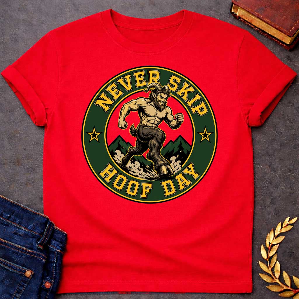 Red T-shirt with a Gym badge-style emblem featuring a muscular satyr celebrating 'Never Skip Hoof Day.' A bearded, horned figure with extremely defined musculature stands on goat legs in a dynamic running pose. Dark green mountains frame the background. Text reads 'Never Skip Hoof Day' in gold lettering around a forest green circle with gold borders and star accents. Humorous wordplay blends Greek mythology satyr imagery with modern fitness culture and leg day humor.