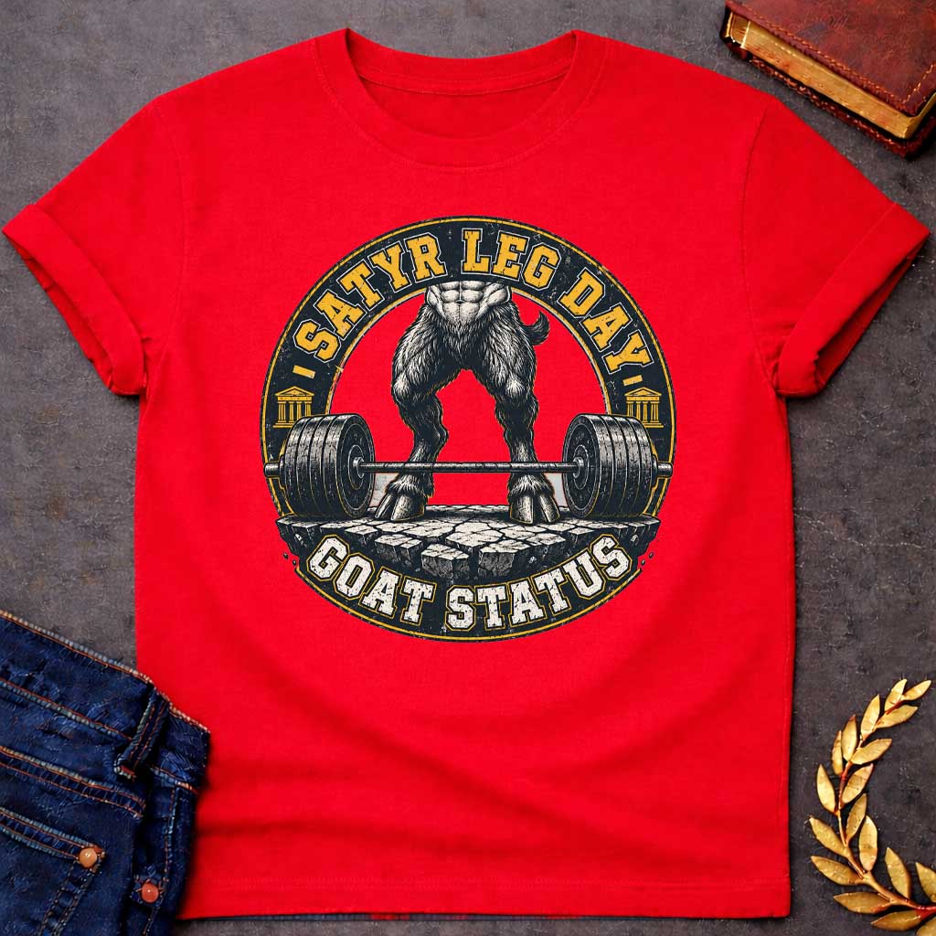 Red T-shirt with a Humorous fitness badge depicting a satyr's leg day workout. Viewed from the waist down, a heavily muscled satyr with dark hairy goat legs stands in a deadlifting stance, holding a loaded barbell with massive weight plates on a rough stone platform. Gold and black circular emblem features text reading 'Satyr Leg Day' and 'Goat Status' with Greek temple columns on sides. Distressed vintage aesthetic celebrates satyr strength and workout dedication.