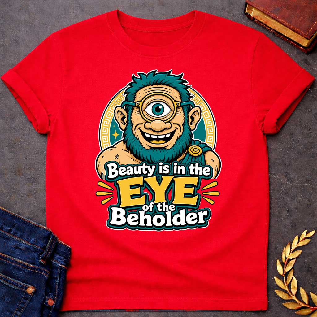 Red T-shirt with a Humorous graphic design featuring a cheerful creature with exaggerated facial features inspired by Argus Panoptes, the many-eyed giant from Greek mythology. A large teal eye with a golden monocle dominates the character's smiling face. Teal spiky hair and beard contrast with peachy skin tones. Greek key pattern borders frame the design in gold and teal. Text reads 'Beauty is in the Eye of the Beholder' in bold white and yellow lettering. Playful visual pun celebrating perspective.