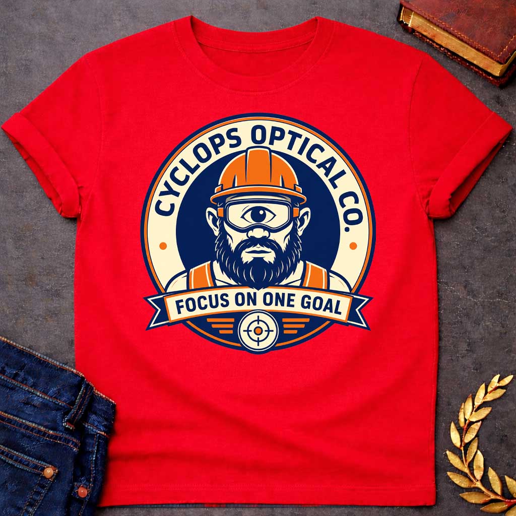 Red T-shirt with a Professional emblem of Cyclops Optical Co. featuring a bearded cyclops construction worker wearing an orange hard hat and safety goggles. The single large eye peers forward with focused intensity. The character wears an orange and navy safety vest. Text reads 'Cyclops Optical Co.' around the rim and 'Focus on One Goal' on a banner below. A crosshair with wings anchors the bottom. Navy, orange, and cream color scheme. Clever pun blending mythology with workplace safety culture.