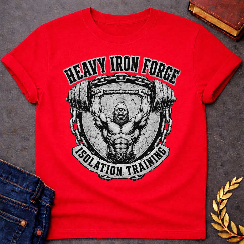 Red T-shirt with a Black and white engraving fitness emblem of a muscular cyclops lifting a massive barbell overhead. The bearded figure displays exceptional musculature. Heavy iron chains frame the circular seal with cracked stone. Text reads 'Heavy Iron Forge' and 'Isolation Training.' A crossed hammer symbol adorns the chest. Combines Greek mythology with bodybuilding culture and strength training dedication.
