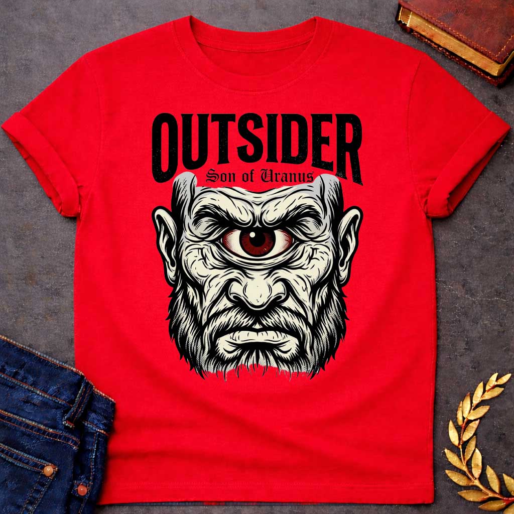 Red T-shirt with a Bold typography design featuring a single-eyed Titan face with fierce expression. Thick white beard and long flowing hair frame a menacing red eye with intense gaze. Black and white engraving style with intricate line work emphasizing the character's otherworldly nature. Text reads 'OUTSIDER' and 'Son of Uranus' referencing the Titans of Greek mythology. Celebrates mythological outsider status, divine rebellion, and powerful, untamed forces beyond mortal comprehension.