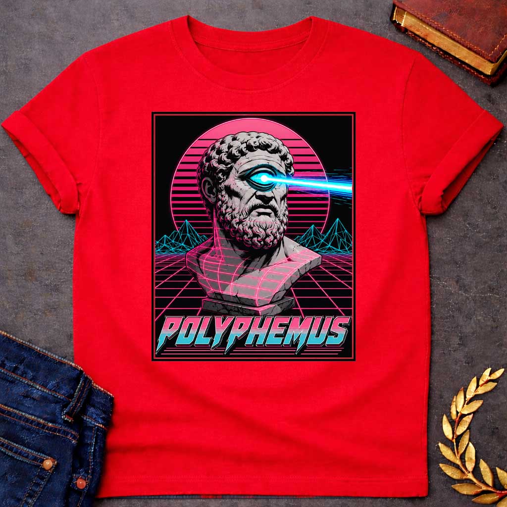 Red T-shirt with a Vaporwave-style illustration of Polyphemus, the Cyclops from Greek mythology. A classical bust with curly beard displays a single large eye shooting a bright cyan laser beam. Magenta and cyan neon color palette with horizontal scan lines. Geometric wireframe mountains and grid floor pattern create a retro digital landscape. Pink sun rises behind the figure. Text reads 'POLYPHEMUS' in stylized magenta and cyan lettering. Blends classical mythology with synthwave aesthetic.