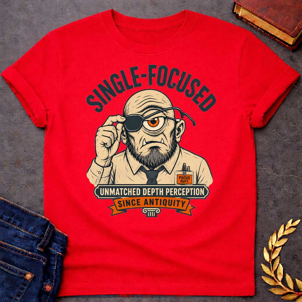 Red T-shirt with a Humorous professional portrait of a bearded cyclops wearing an eye patch over his single orange eye. He sports a tan suit jacket, dark tie, and "Focus Dept." badge. Text reads "Single-Focused" above and "Unmatched Depth Perception Since Antiquity" below. A classical column anchors the design. Cleverly blends Greek mythology with modern workplace culture, celebrating singular focus, professional dedication, and the mythological advantage of single-eyed perception.