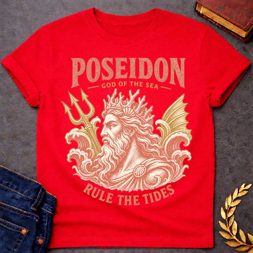 Red t-shirt with a Vintage Poseidon Greek mythology design featuring the powerful god of the sea with a flowing beard, coral crown, trident, and crashing ocean waves. Distressed terracotta and gold artwork includes the bold text “Poseidon,” “God of the Sea,” and “Rule the Tides,” creating a classic ancient Greek inspired nautical design.