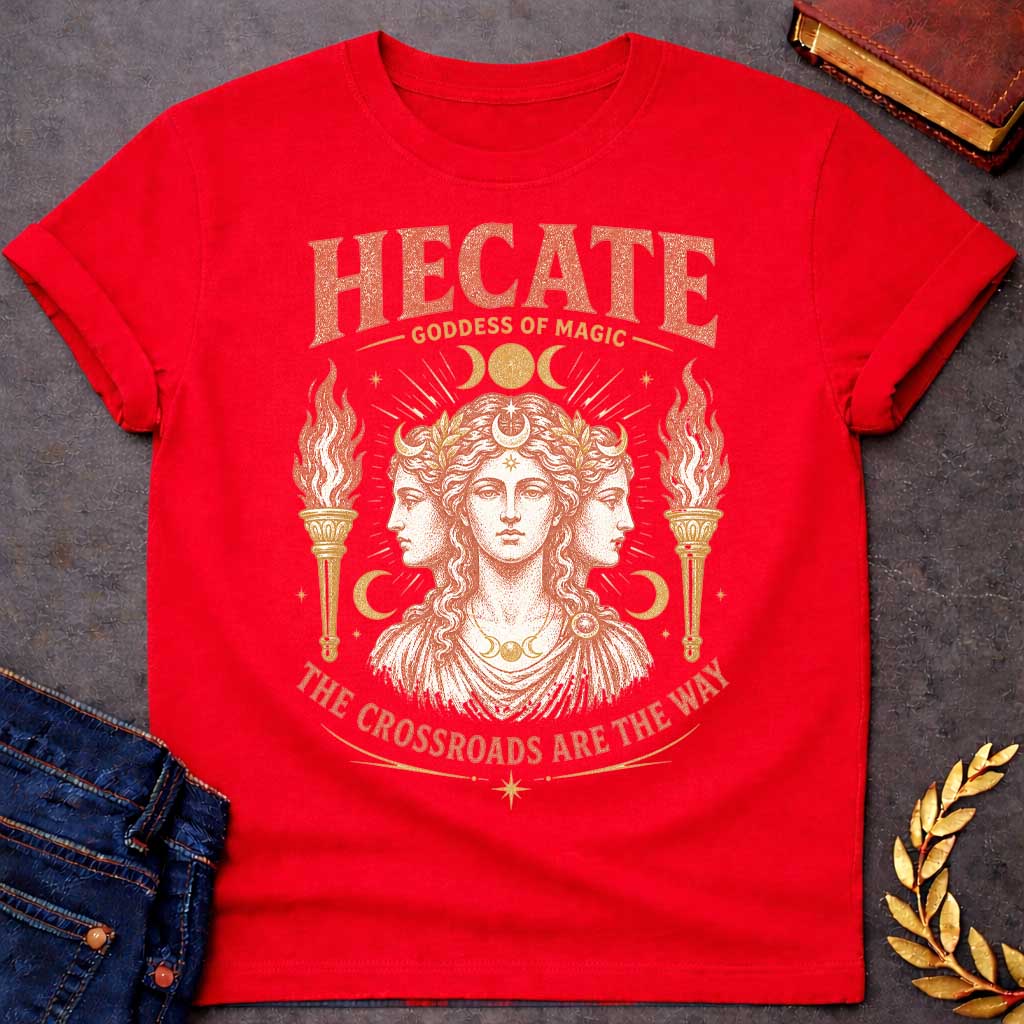 Red t-shirt with a Vintage Hecate Greek mythology shirt featuring the triple-formed Goddess of Magic surrounded by crescent moons, stars, radiant celestial details, and flaming torches. Distressed coral and gold artwork includes the bold text “Hecate Goddess of Magic” and “The Crossroads Are the Way,” inspired by her connection to magic and crossroads.