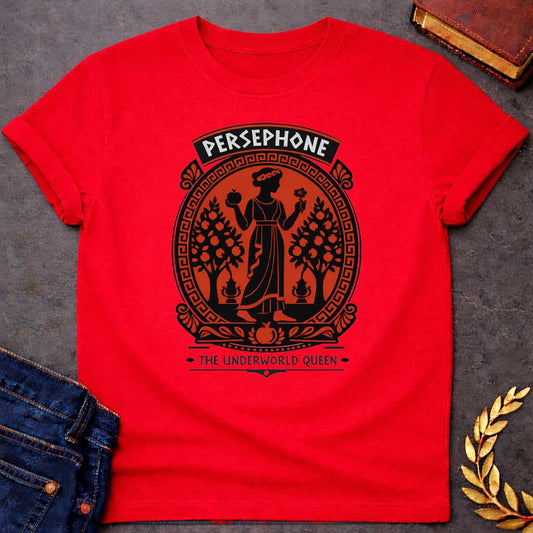 persephone the underworld queen greek mythology youth shirt featuring pomegranate, underworld queen symbolism in dark floral mythology design