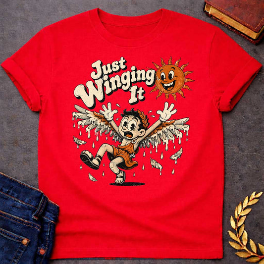 Red t-shirt with a vintage 1930s rubber-hose cartoon style  design. A panicked boy representing Icarus tumbles through the air with arms raised as his feathered wax wings melt into dripping drops. Above him, a cheerful retro sun character grins mischievously next to playful, bubbly text that reads "Just Winging It" in a distressed cream font.