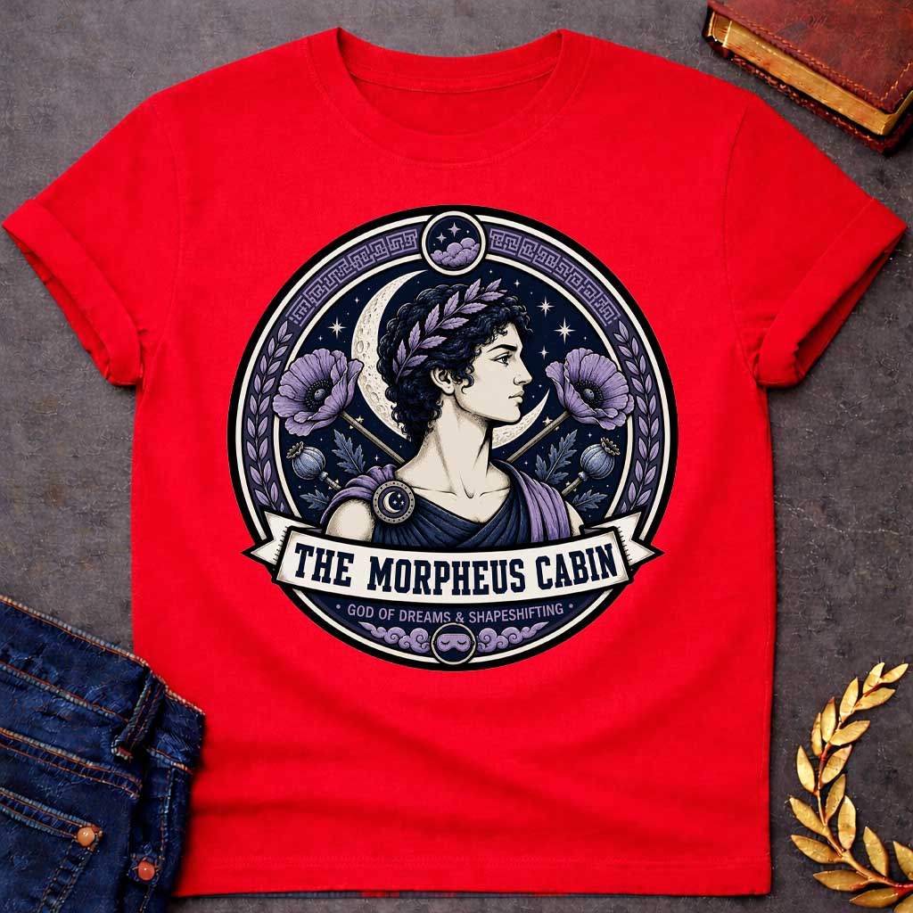 Red t-shirt with a Morpheus Greek mythology cabin design featuring the god of dreams and shapeshifting in a navy and lavender circular emblem. Morpheus wears a laurel crown and classical robes, surrounded by a crescent moon, stars, purple poppies, poppy pods, clouds, and Greek key details. Text reads “The Morpheus Cabin” and “God of Dreams & Shapeshifting,”