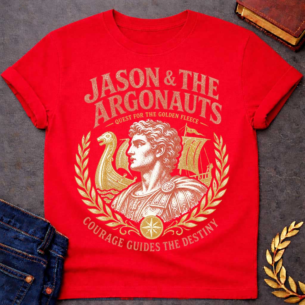 Red t-shirt with a Vintage Jason and the Argonauts Greek mythology design featuring Jason in classical armor framed by ancient Greek ships and golden laurel branches. Distressed coral and gold artwork celebrates the legendary quest for the Golden Fleece, with bold text reading “Jason & the Argonauts,” “Quest for the Golden Fleece,” and “Courage Guides the Destiny.”