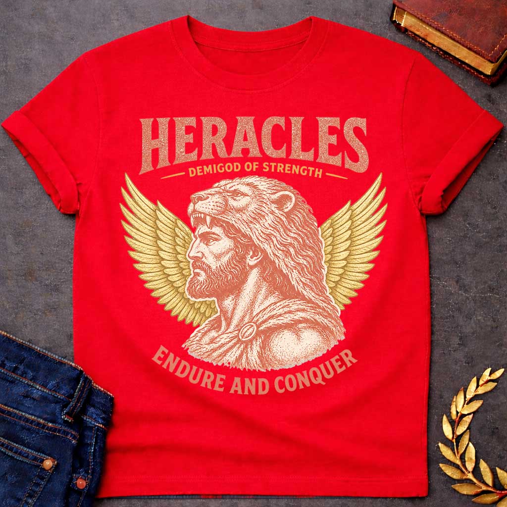 Red t-shirt with a Vintage Heracles Greek mythology design featuring the legendary demigod of strength in profile wearing the Nemean lion skin, framed by detailed golden wings. Distressed coral and gold artwork creates an antique classical look with bold text reading “Heracles Demigod of Strength” and “Endure and Conquer.”