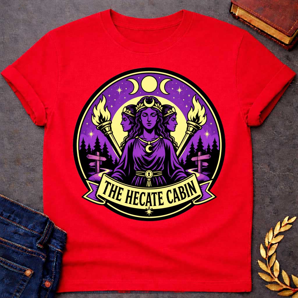 Red t-shirt with a Hecate Greek mythology design featuring the triple goddess with three faces, crescent moon symbols, glowing torches, stars, and a mystical purple night sky. Forest silhouettes and crossroads signs represent Hecate’s connection to magic and crossroads, framed in a circular camp-style emblem with the text “The Hecate Cabin.”