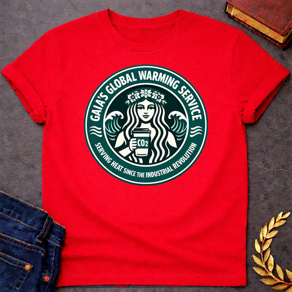 gaia global warming service greek mythology adult shirt featuring detailed Greek mythology artwork, symbolic design, and bold graphic style