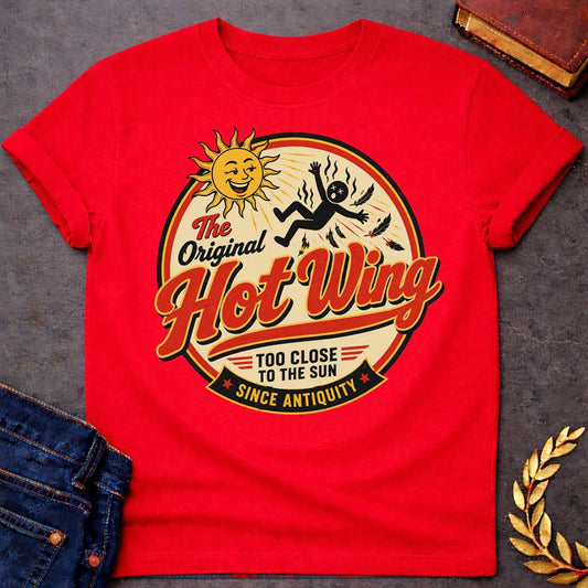 Red t-shirt with a retro diner-style graphic. Inside a circular badge, a smiling sun character beams as a black stick-figure of Icarus falls with burning feathers. Bold red script text across the center reads "The Original Hot Wing", flanked by additional text reading "TOO CLOSE TO THE SUN" and a bottom banner that reads "SINCE ANTIQUITY" in a vintage food-brand aesthetic.