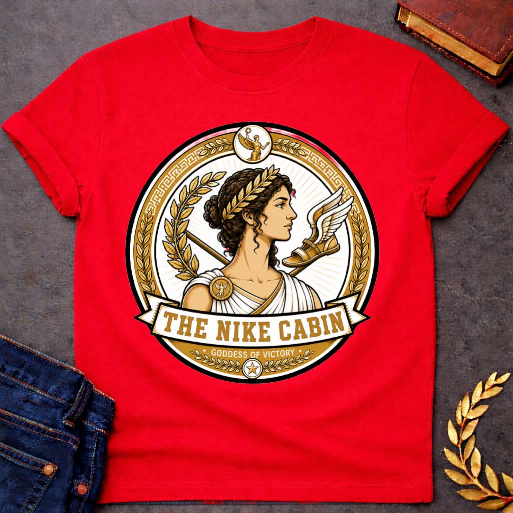 Red t-shirt with a Nike Greek mythology cabin design featuring the goddess of victory in a detailed gold and white circular emblem. Nike wears a laurel crown and classical robes, surrounded by golden laurel branches, a spear, winged sandal, Greek key patterns, and victory symbols. Text reads “The Nike Cabin” and “Goddess of Victory,”
