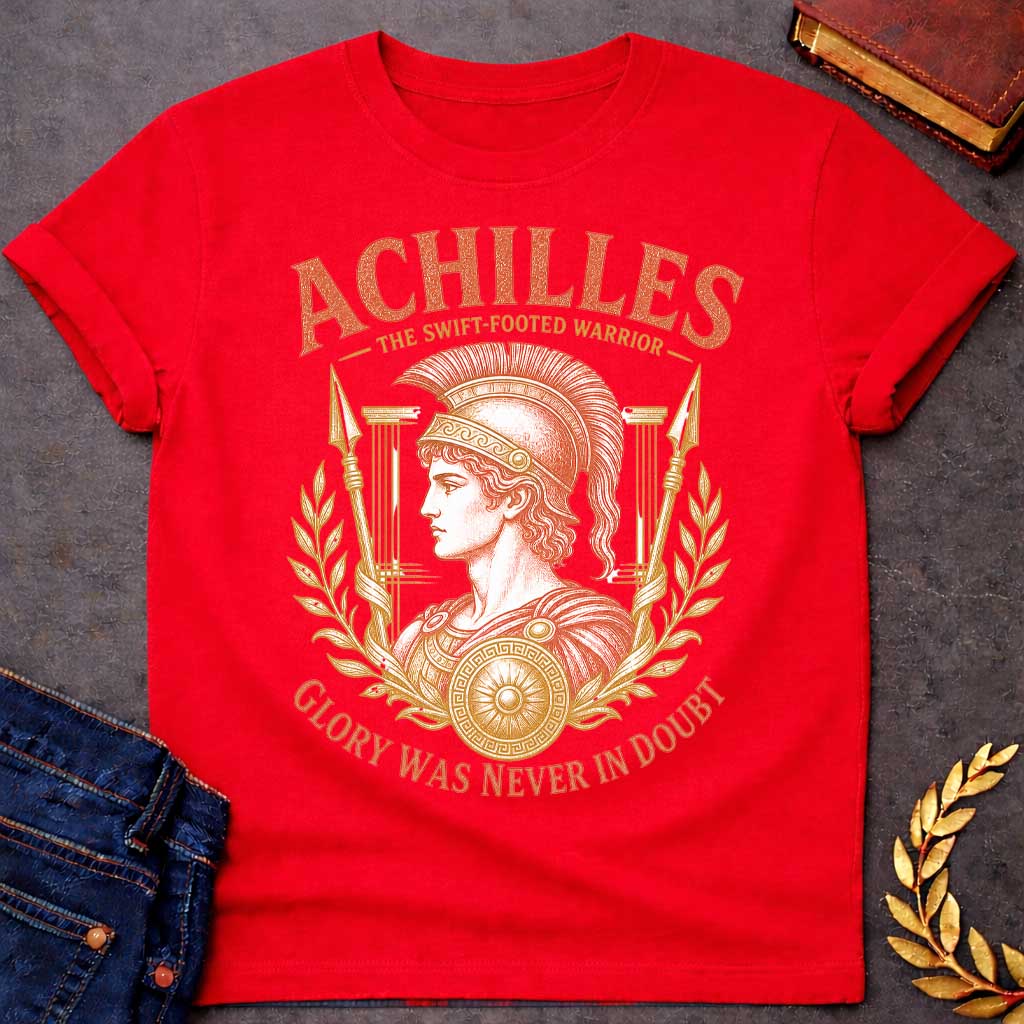 Red t-shirt with a Vintage Greek mythology design featuring Achilles in a detailed warrior helmet and armor, framed by laurel branches, spears, Greek columns, and a decorated shield. Bold text reads "Achilles – The Swift-Footed Warrior" and "Glory Was Never in Doubt." The orange and gold engraving-style artwork celebrates the legendary hero of the Trojan War.