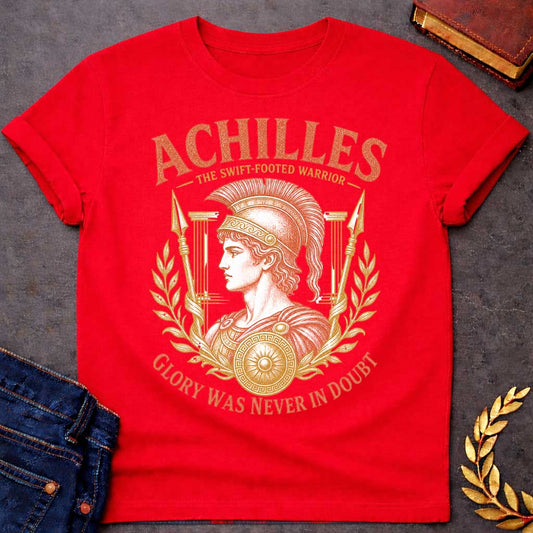Red t-shirt with a Vintage Greek mythology design featuring Achilles in a detailed warrior helmet and armor, framed by laurel branches, spears, Greek columns, and a decorated shield. Bold text reads "Achilles – The Swift-Footed Warrior" and "Glory Was Never in Doubt." The orange and gold engraving-style artwork celebrates the legendary hero of the Trojan War.