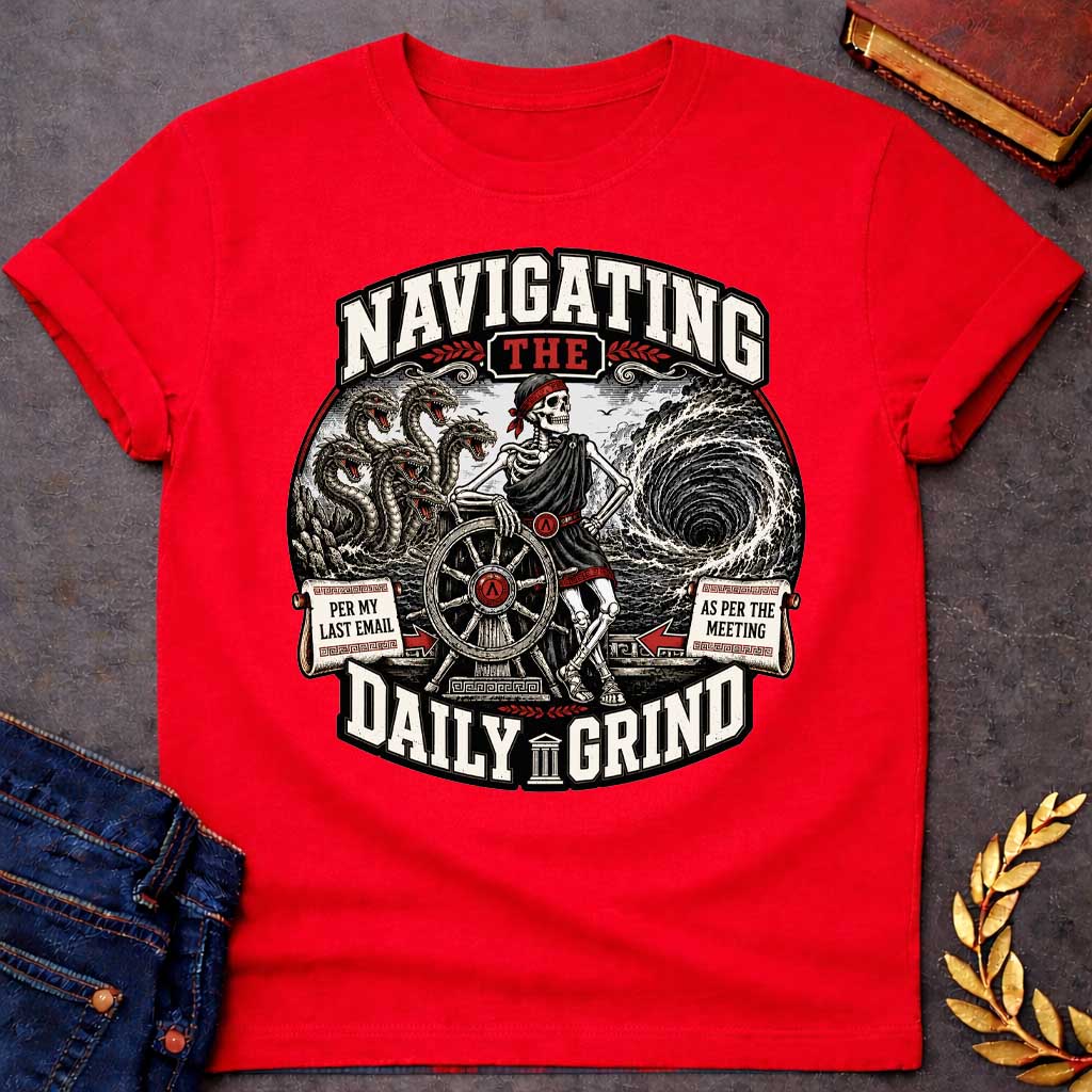 Red t-shirt with A skeleton in a toga casually leans on a ship's wheel between a multi-headed sea monster and a churning whirlpool. Bold text reads "NAVIGATING THE DAILY GRIND," with side scrolls humorously labeled "PER MY LAST EMAIL" and "AS PER THE MEETING."