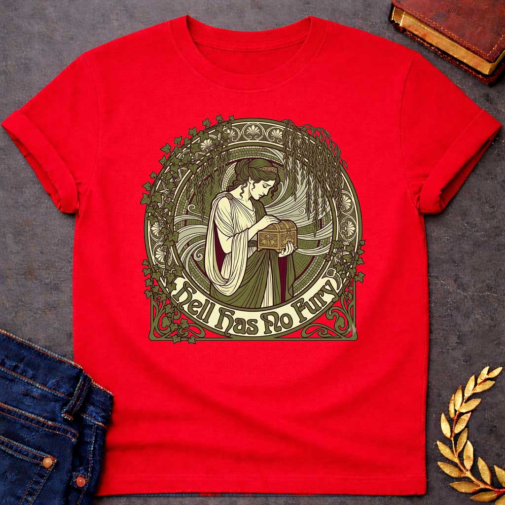 Red T-shirt with an Art Nouveau illustration of a classical woman in flowing cream and burgundy robes holding an ornate decorative box, surrounded by intricate ivy vines and architectural flourishes. Green, cream, and burgundy palette with elaborate frame. Text reads 'Hell Has No Fury.' References Medea's legendary wrath and the famous quote about a woman scorned. Celebrates the fierce power of feminine rage and vengeance in Greek mythology.