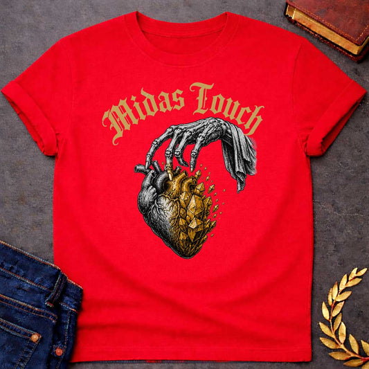 Red t-shirt with A Vintage engraving-style Greek mythology design featuring a skeletal hand with the Midas touch transforming half of an anatomical heart into shimmering gold crystals. Above the illustration, gothic lettering reads "Midas Touch." Inspired by the tragic King Midas myth, the design symbolizes how greed and the pursuit of wealth can harden the heart, using bold black and metallic gold artwork.