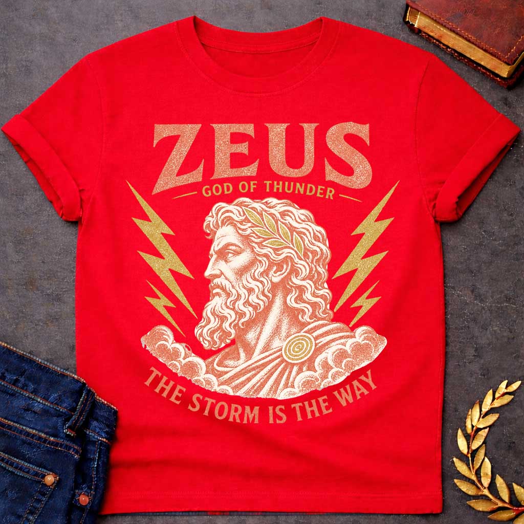 red t-shirt with a Vintage Zeus Greek mythology design featuring the bearded god of thunder wearing a golden laurel crown, surrounded by lightning bolts and storm clouds. Distressed terracotta and gold artwork includes the text “Zeus,” “God of Thunder,” and “The Storm Is the Way,” 