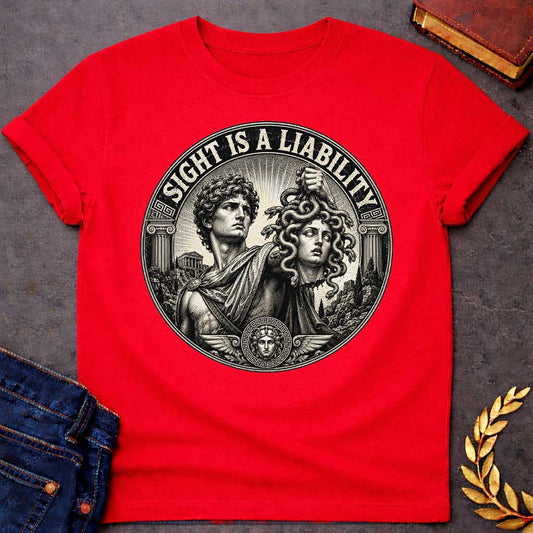 Red t-shirt in etched engraving style: Perseus, curly-haired and draped in robes, holds Medusa's severed snake-haired head aloft against radiating sunburst rays. Ionic columns, ancient temples, and a small Medusa medallion with wings frame the circular black-and-cream design. Bold arched text reads the title above.