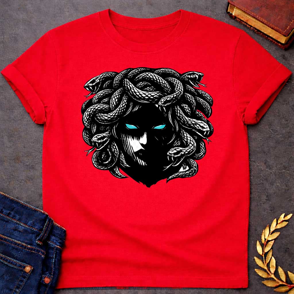 medusa gothic horror style greek mythology youth shirt featuring detailed Greek mythology artwork, symbolic design, and bold graphic style