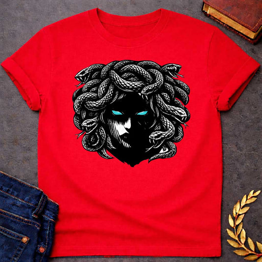 medusa gothic horror style greek mythology youth shirt featuring detailed Greek mythology artwork, symbolic design, and bold graphic style