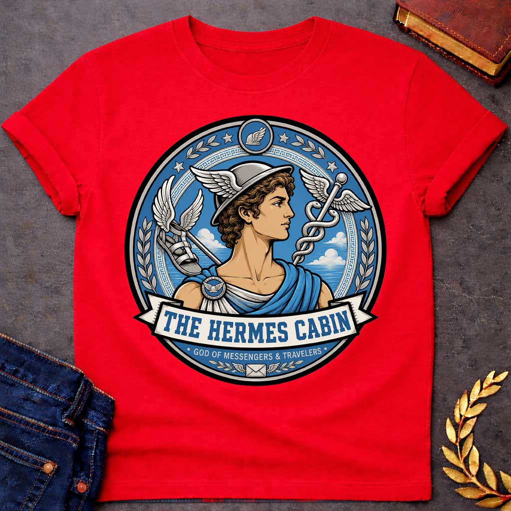 Red t-shirt with a Hermes Greek mythology cabin design featuring the messenger god wearing his iconic winged helmet, surrounded by winged sandals, a caduceus, laurel branches, stars, and clouds. Blue, silver, and cream circular emblem includes the text “The Hermes Cabin” and “God of Messengers & Travelers,”