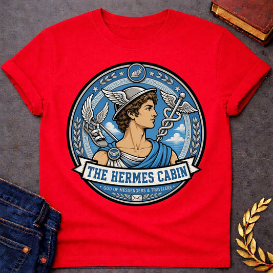 Red t-shirt with a Hermes Greek mythology cabin design featuring the messenger god wearing his iconic winged helmet, surrounded by winged sandals, a caduceus, laurel branches, stars, and clouds. Blue, silver, and cream circular emblem includes the text “The Hermes Cabin” and “God of Messengers & Travelers,”