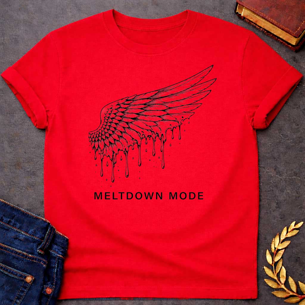 Red t-shirt with a minimalist, detailed line-art design. A single feathered wing, inspired by the myth of Icarus, stretches upward as wax drippings and droplets melt away from its bottom edge. Centered beneath the illustration, bold black text reads "MELTDOWN MODE" in a clean, spaced-out sans-serif font.