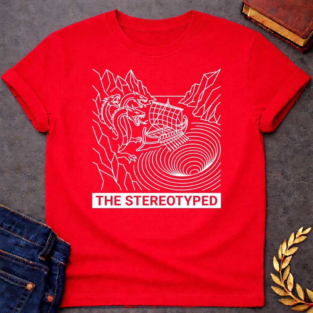 Red t-shirt with A clean, line art t-shirt design. Rendered in white line work, an ancient Greek galley ship navigates between a three-headed sea monster on jagged cliffs and a concentric, swirling whirlpool. Below the graphic, a solid dark blue rectangular banner features white, sans-serif block text that reads "THE STEREOTYPED".