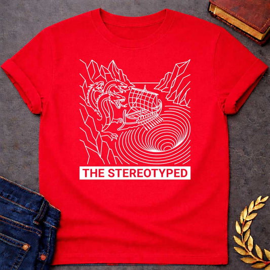 Red t-shirt with A clean, line art t-shirt design. Rendered in white line work, an ancient Greek galley ship navigates between a three-headed sea monster on jagged cliffs and a concentric, swirling whirlpool. Below the graphic, a solid dark blue rectangular banner features white, sans-serif block text that reads "THE STEREOTYPED".