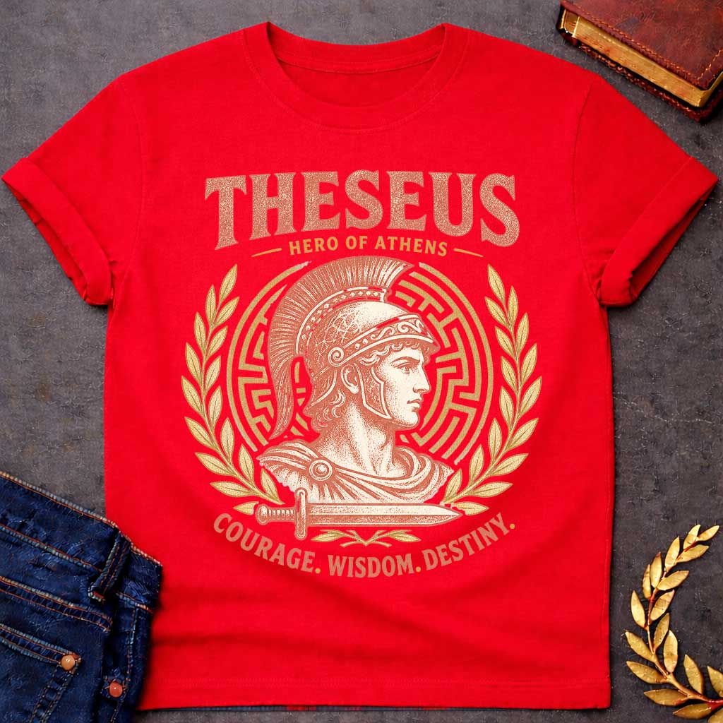 Red t-shirt with a Vintage Theseus Greek mythology shirt design featuring the Hero of Athens in a crested warrior helmet, framed by a Greek labyrinth, golden laurel branches, and a sword. Distressed terracotta and gold artwork includes the text “Theseus,” “Hero of Athens,” and “Courage. Wisdom. Destiny.” inspired by the legendary hero of the Minotaur myth.