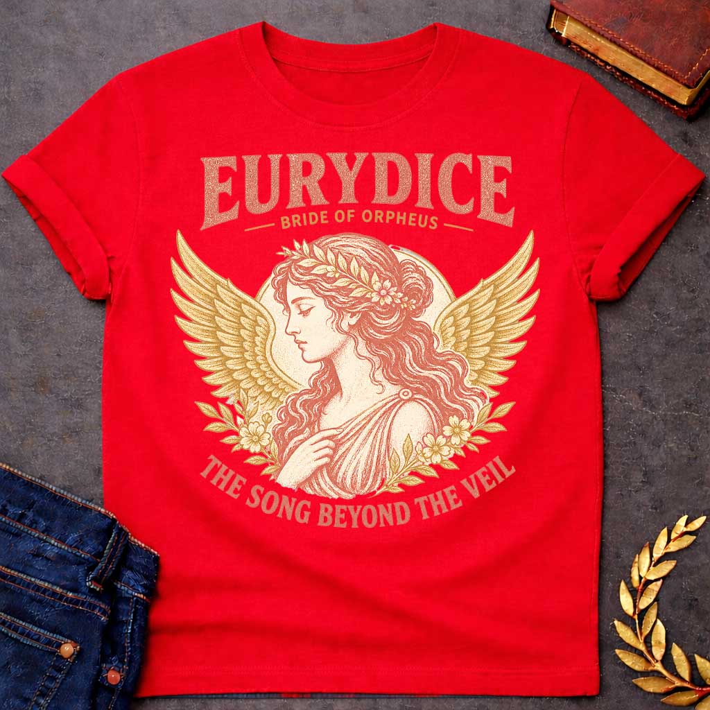 Red t-shirt with a Vintage Greek mythology design featuring Eurydice, bride of Orpheus, in an elegant classical portrait framed by golden wings, flowers, and laurel leaves. Distressed coral and gold artwork includes the text “Eurydice Bride of Orpheus” and “The Song Beyond the Veil,” inspired by the tragic myth of Orpheus and Eurydice.