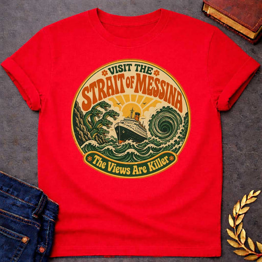 Red t-shirt with A retro 70s travel-poster style design.  Inside a circular badge with a warm sunset, a vintage ocean liner sails between six-headed serpent Scylla and a swirling green whirlpool. Arched bold orange text reads "VISIT THE STRAIT OF MESSINA" at the top, while a bottom banner reads "The Views Are Killer" flanked by small flower icons in a distressed groovy aesthetic.