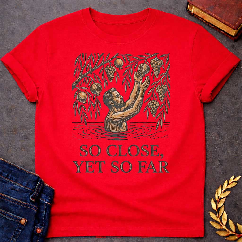 Red t-shirt with A woodcut-style illustration. A bearded man stands waist-deep in rippling water, reaching both arms upward toward hanging fruit branches heavy with grapes and pomegranates just out of his grasp. Centered below the detailed linework illustration, bold, shadowed serif text reads "SO CLOSE, YET SO FAR"