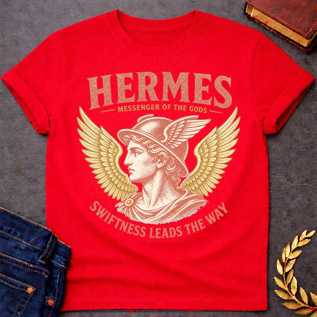 Red t-shirt with a Vintage Hermes Greek mythology design featuring the Messenger of the Gods in profile wearing his iconic winged helmet, framed by large golden wings. Distressed coral and gold artwork creates an antique classical style with bold text reading “Hermes Messenger of the Gods” and “Swiftness Leads the Way.”