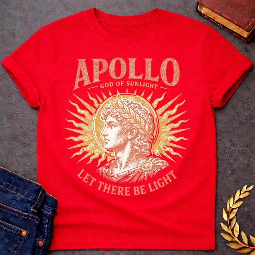 Red t-shirt with a Vintage Greek mythology design featuring Apollo, god of sunlight, in a classical portrait wearing a laurel crown. A radiant golden sunburst frames the god in warm coral and gold engraving-style artwork. Bold text reads "Apollo – God of Sunlight" and "Let There Be Light," celebrating the legendary Olympian god.