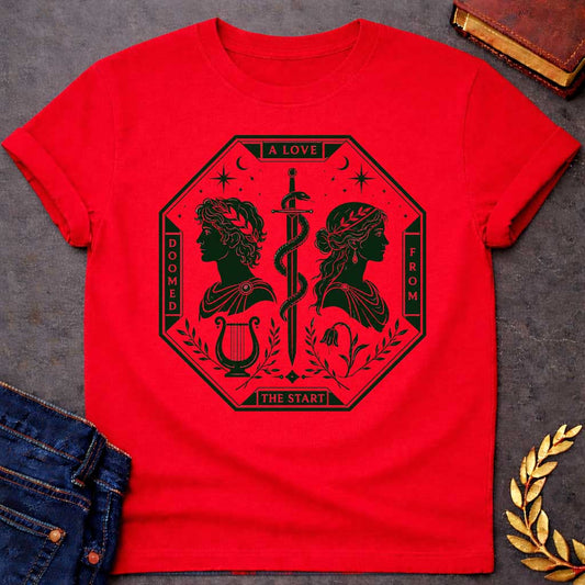 red t-shirt in dark green tarot-card style: an octagonal frame shows two facing silhouette profiles (a laurel-crowned man and a woman with a headband) separated by a snake-entwined sword. Below them sit a lyre and a drooping flower, framed by olive branches, stars, and crescent moons, evoking Orpheus and Eurydice.