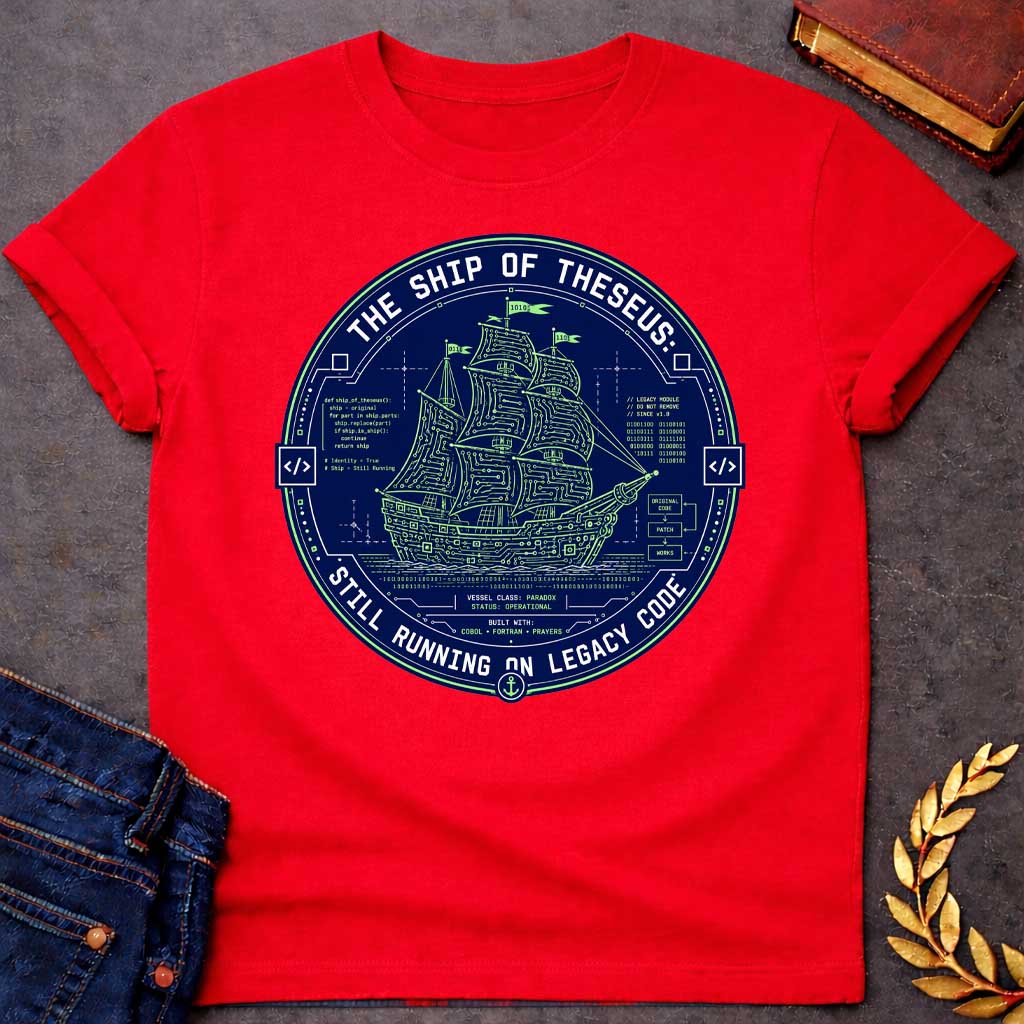 Red T-shirt with A Techno-philosophical badge featuring the mythological Ship of Theseus rendered as a circuit board schematic in neon green and navy blue. Classical sailing vessel integrated with computer code, binary, and technical diagrams. Text reads 'The Ship of Theseus Still Running on Legacy Code.' Code snippets reference the philosophical paradox. Bottom states 'Built with: COBOL, FORTRAN, Prayers.' Clever design merges ancient Greek philosophy with software engineering humor and technical debt comm
