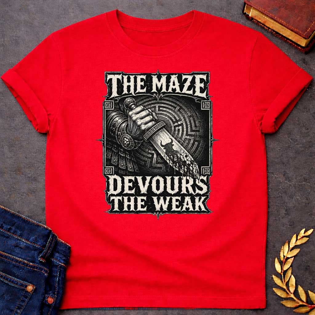 Red T-shirt with A Heavy metal aesthetic featuring a muscular clenched fist gripping a bloodstained sword pointing downward through concentric circular maze patterns in the background. Black and white engraving style with ornate decorative border and Greek key patterns in corners. Text reads 'The Maze Devours The Weak' in aggressive metal lettering. Merges Greek labyrinth mythology with dark warrior imagery, celebrating brutal power and survival of the strong.