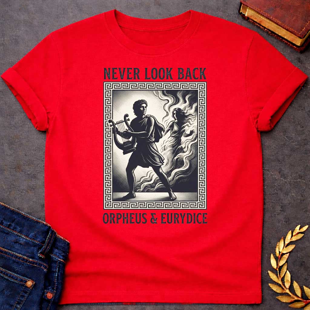 Red t-shirt in engraved woodcut style: Orpheus strides forward carrying a lyre while Eurydice dissolves into smoke and shadow behind him, reaching out. The scene sits within a Greek key-patterned rectangular border, framed by bold serif text above and below, on a cream and black palette.
