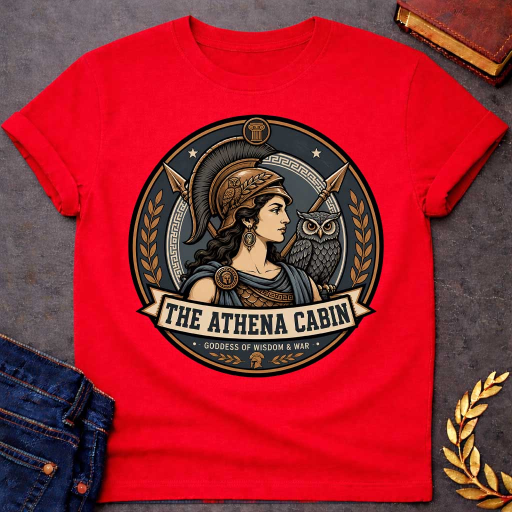 Red t-shirt with a Athena Greek mythology cabin design featuring the goddess of wisdom and war in a bronze warrior helmet, accompanied by her sacred owl and crossed spears. Bronze, charcoal, and cream circular camp-style emblem features Greek key details, laurel branches, and the text “The Athena Cabin” and “Goddess of Wisdom & War.”